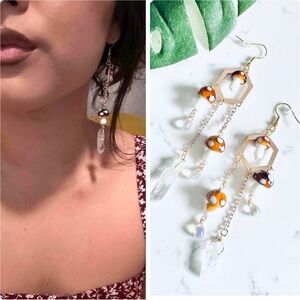 2/$30🌵 Mushroom Gold Chandelier Earrings Crystals Forest Hippie Boho Fairy NEW